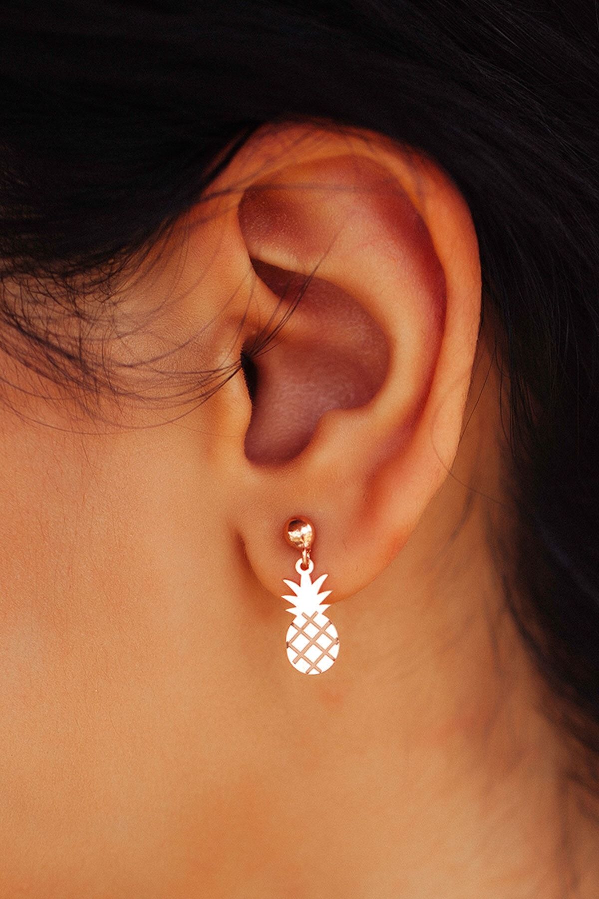 925 Ayar Rose Altın Kaplama Ananas Gümüş Küpe