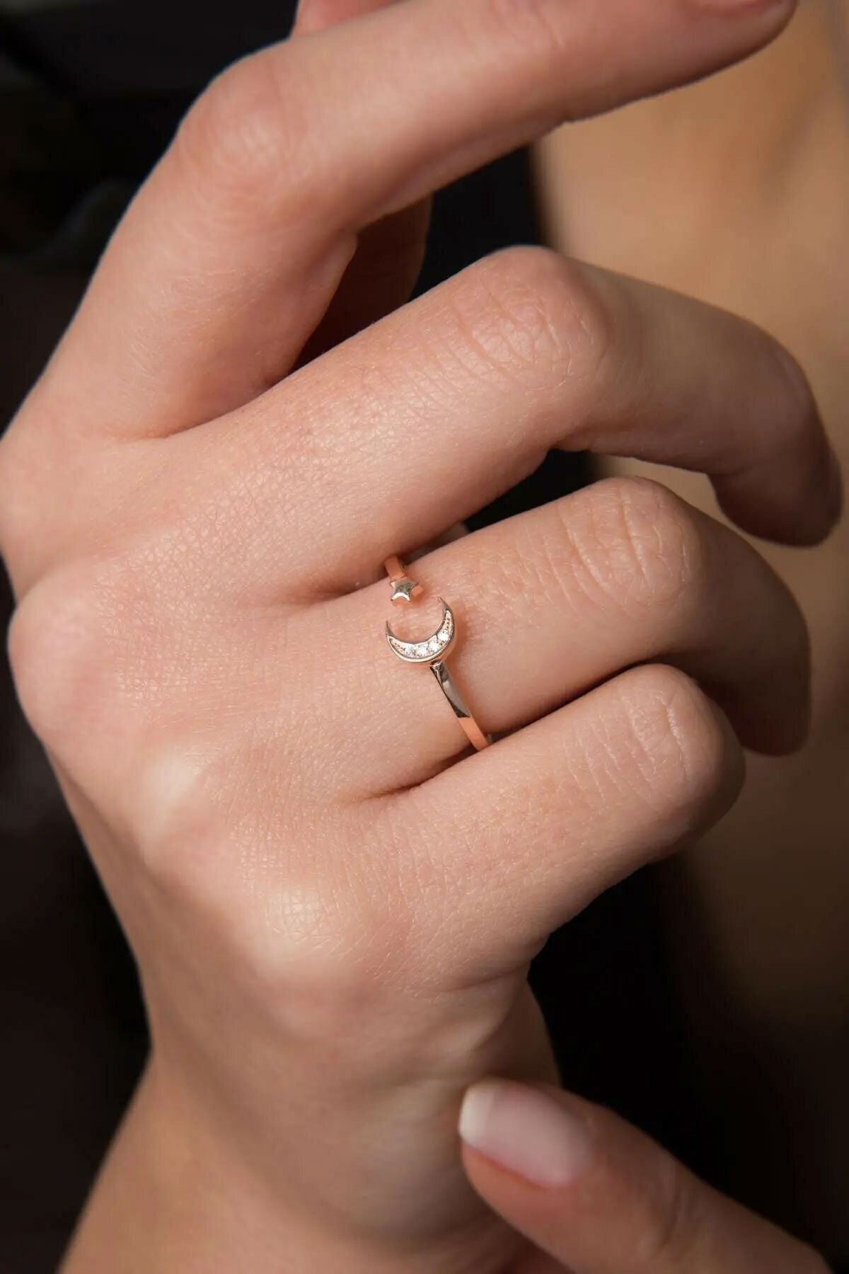 925 Ayar Rose Altın Kaplama Gümüş Ay Yıldız Kadın Yüzük
