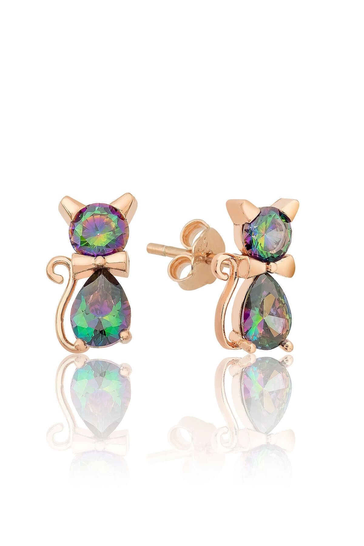 925 Ayar Rose Altın Kaplama Mistik Topaz Taşlı Gümüş Kedi Küpe