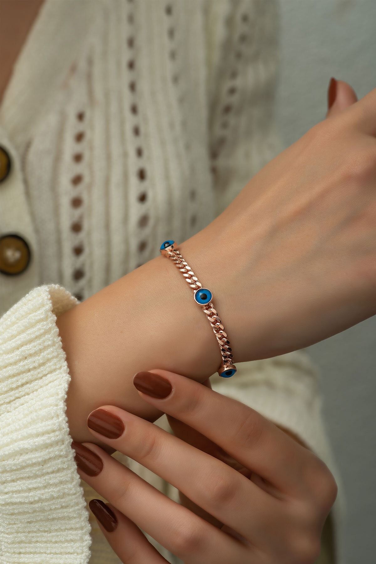 925 Ayar Rose Altın Kaplama Nazar Gözlü Gümüş Zincir Bileklik