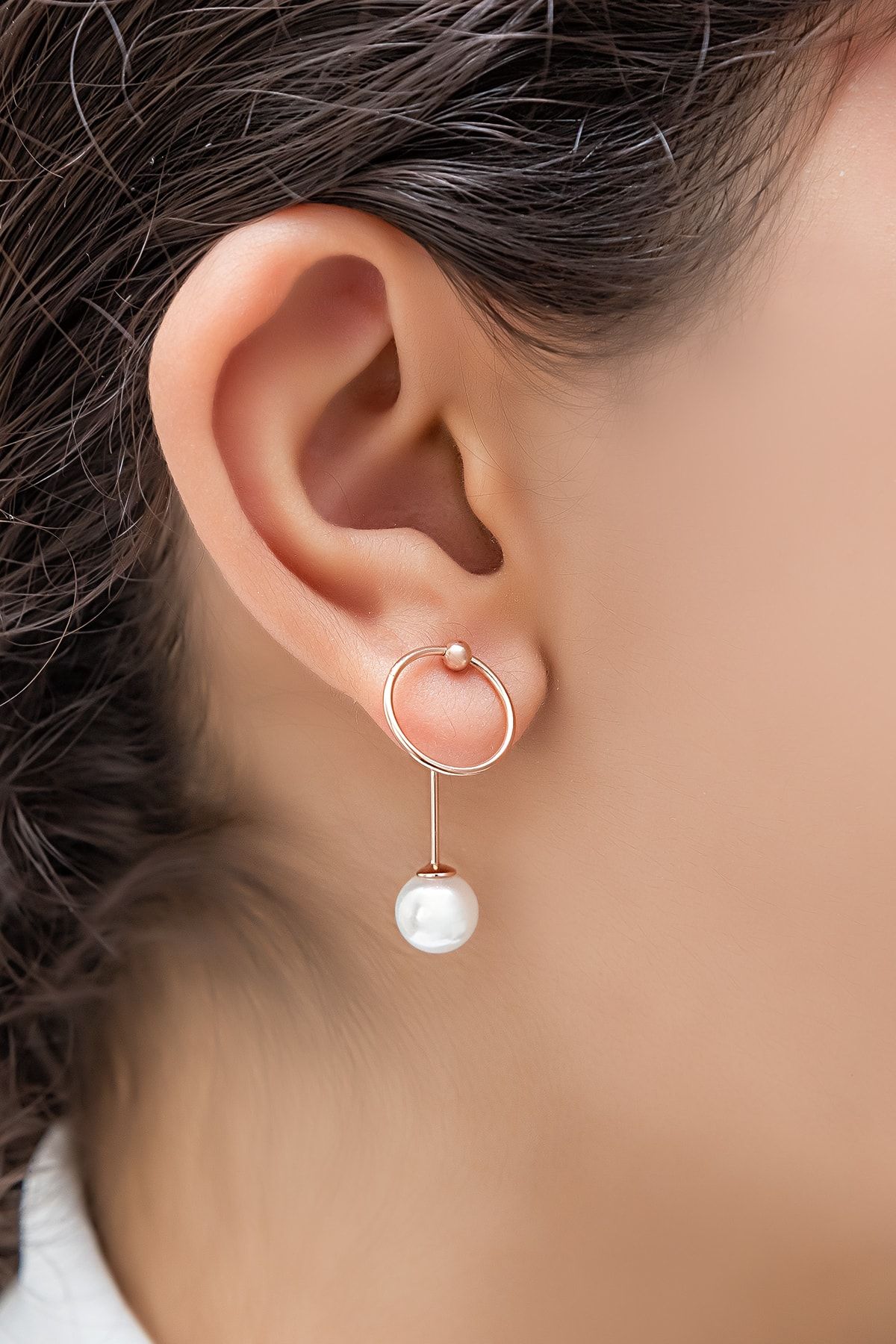 925 Ayar Rose Altın Kaplama Tekli Halka Gümüş Inci Küpe