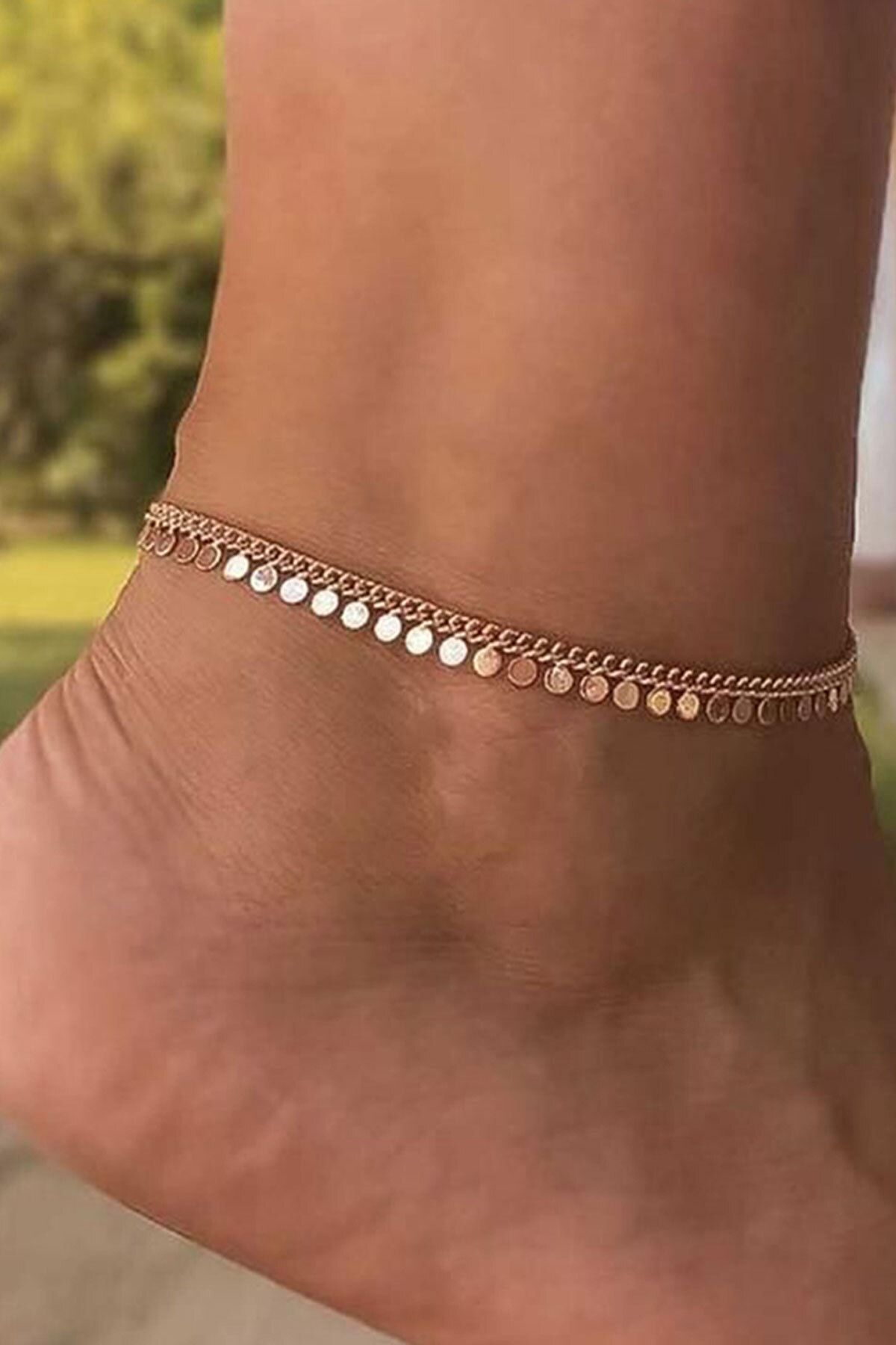 925 Ayar Rose Altın Kaplama Zincirli Pul Gümüş Halhal