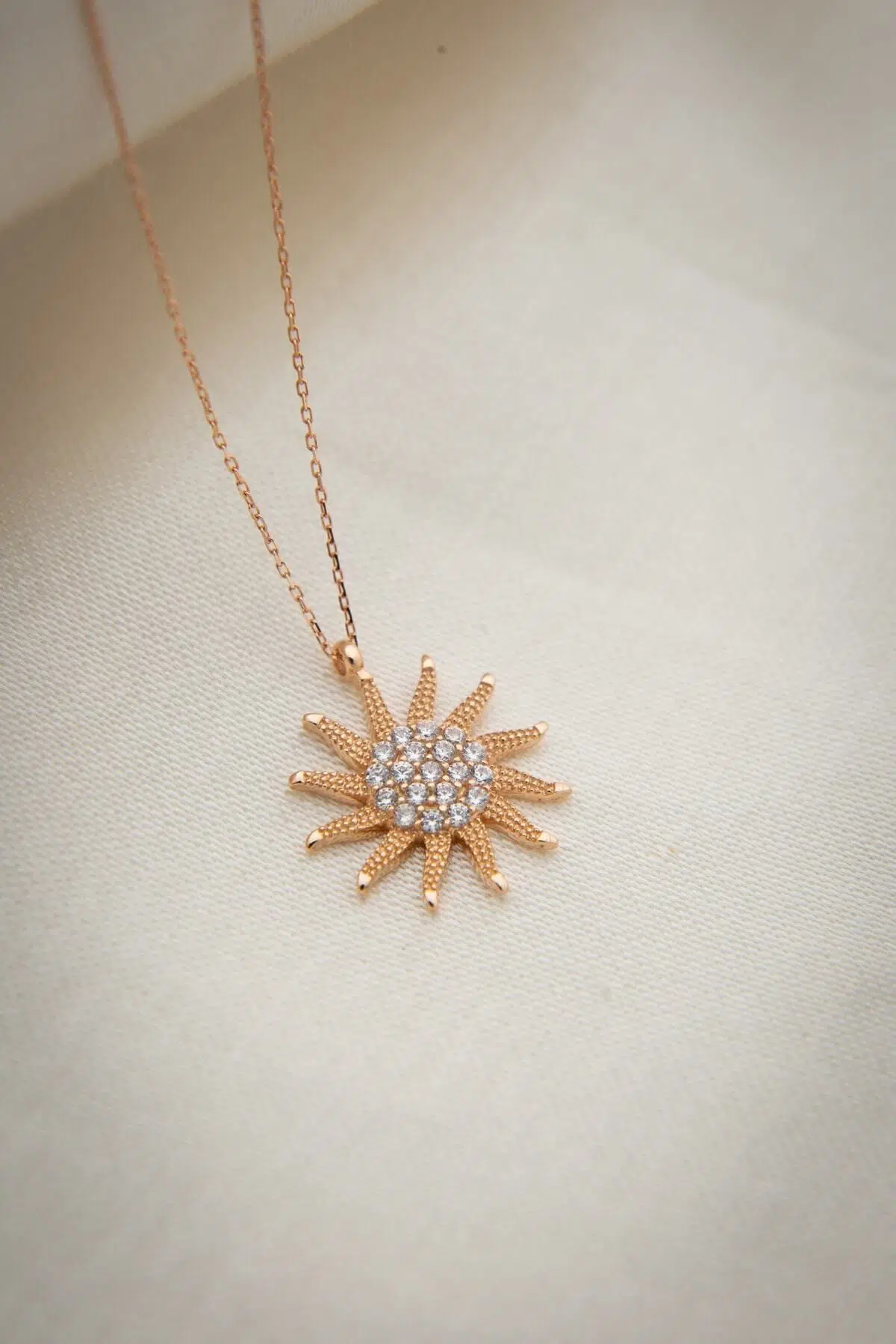 925 Ayar Zirkon Taşlı Gümüş Güneş Kolye.rose.gold.rodaj