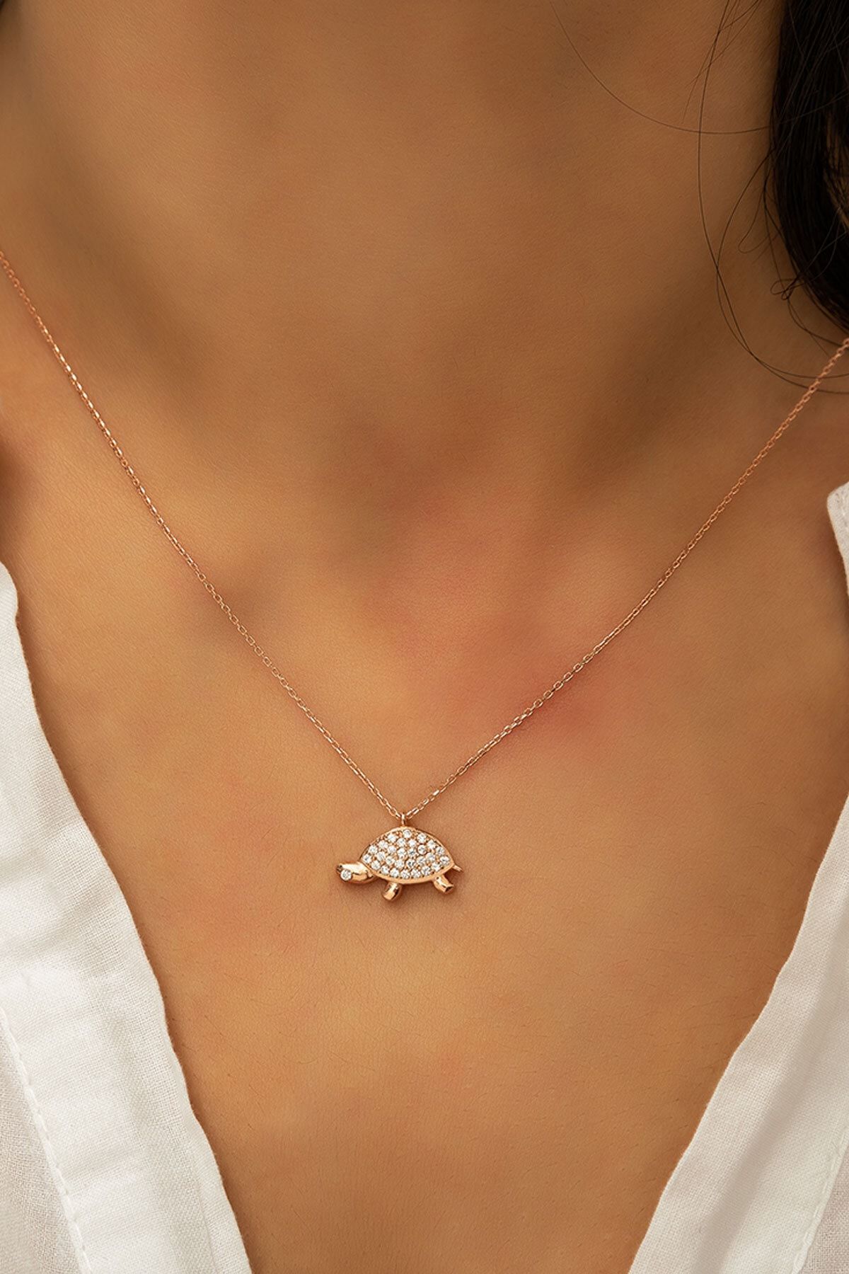 925 Ayar Rose Altın Kaplama Zirkon Taşlı Gümüş Kaplumbağa Kolye