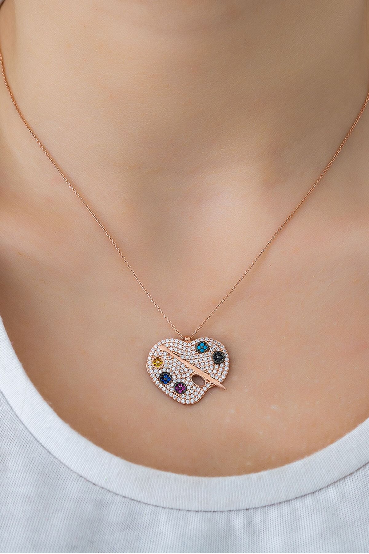 925 Ayar Rose Altın Kaplama Zirkon Taşlı Gümüş Palet Kolye