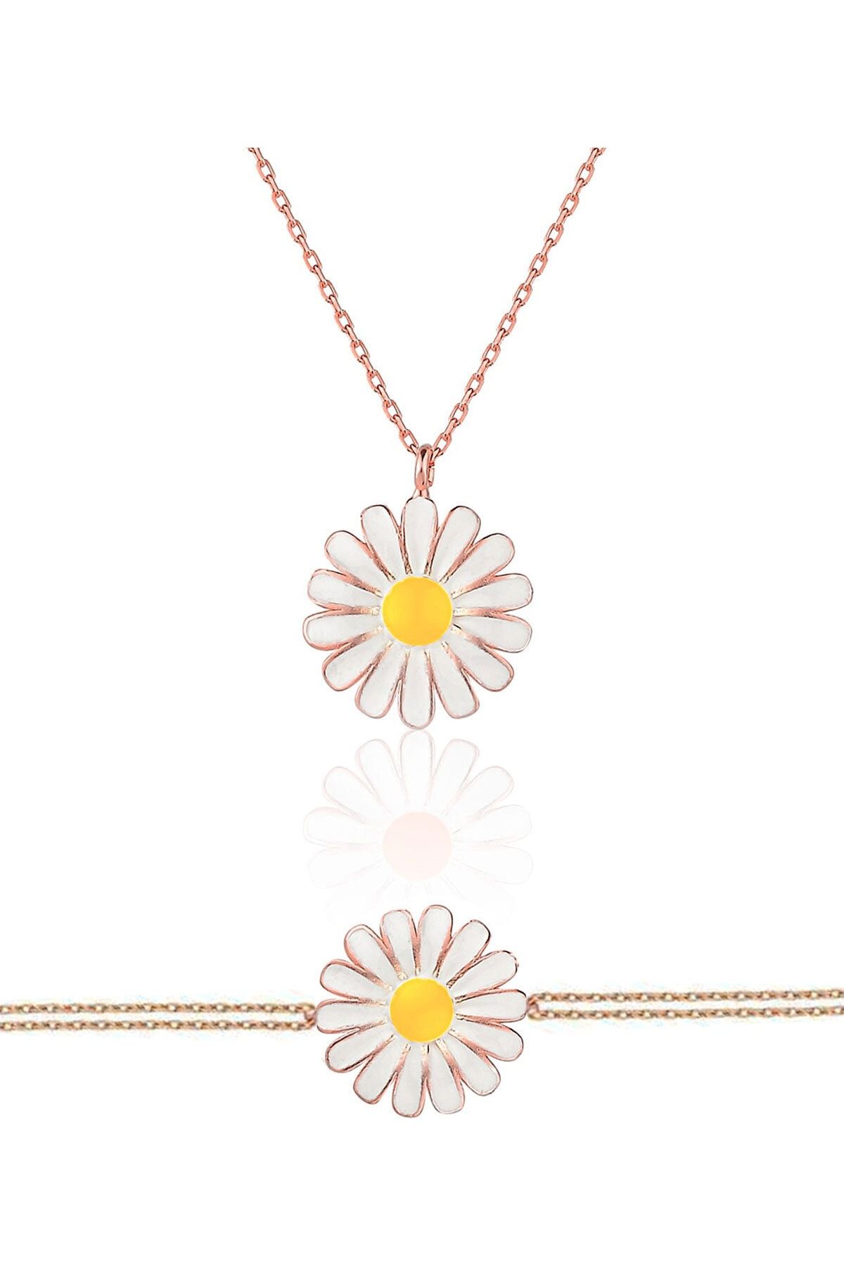 925 Ayar Rose Altın Mineli Gümüş Papatya Kolye Bileklik Set