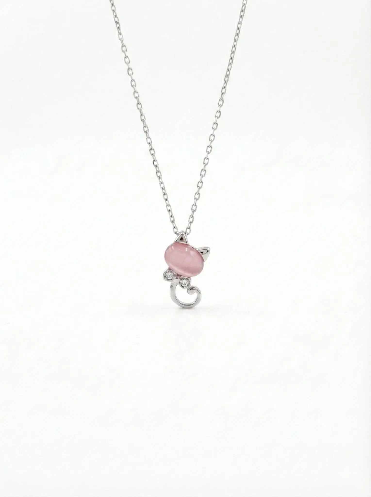 925 Ayar Rose Kaplama Ay Taşlı Gümüş Kedi Kolye