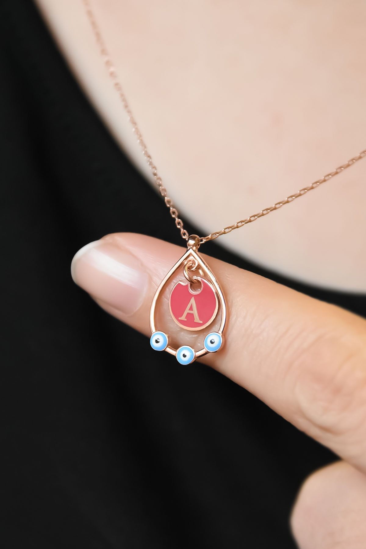 925 Ayar Rose Kaplama Mineli Göz A Harf Damla Kolye