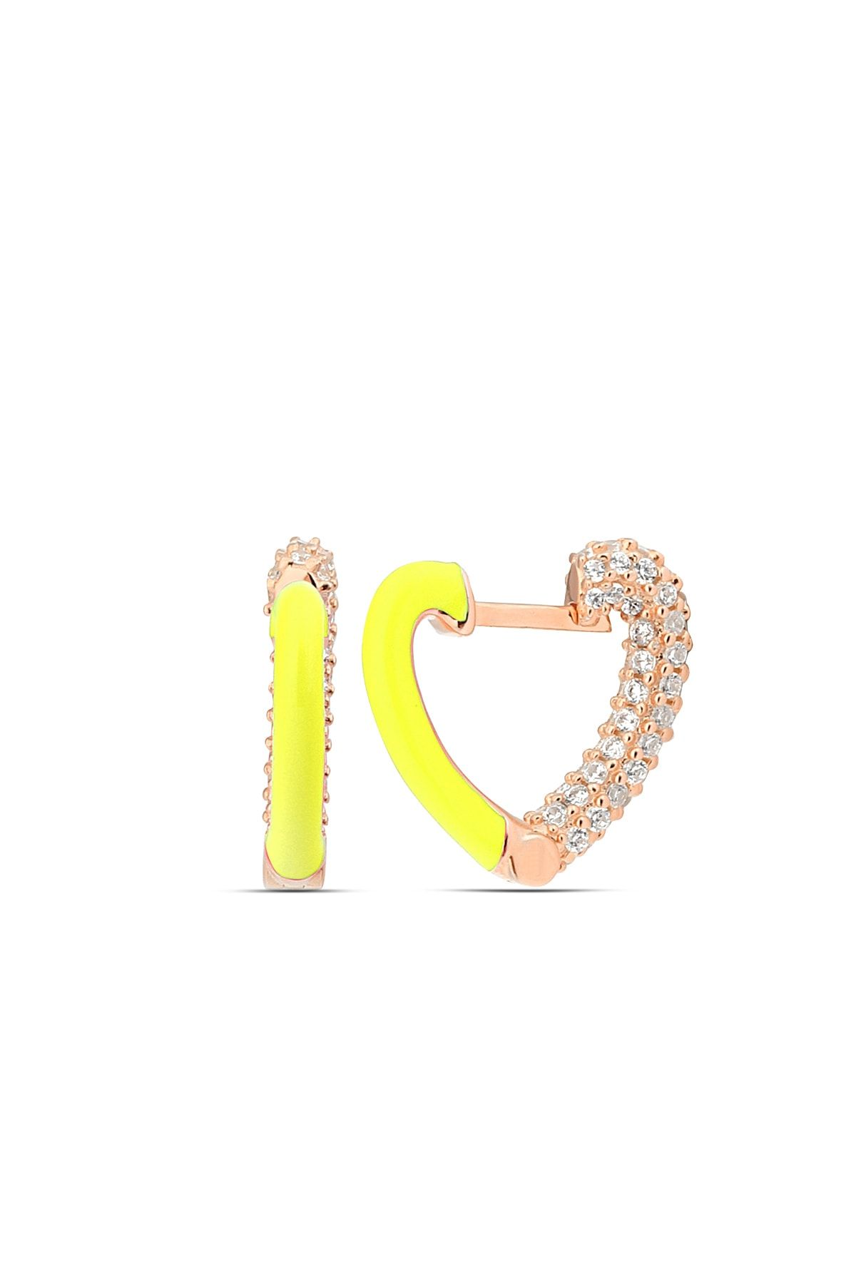 925 Ayar Sarı Kalp Model Taşlı Gümüş Kadın Küpe