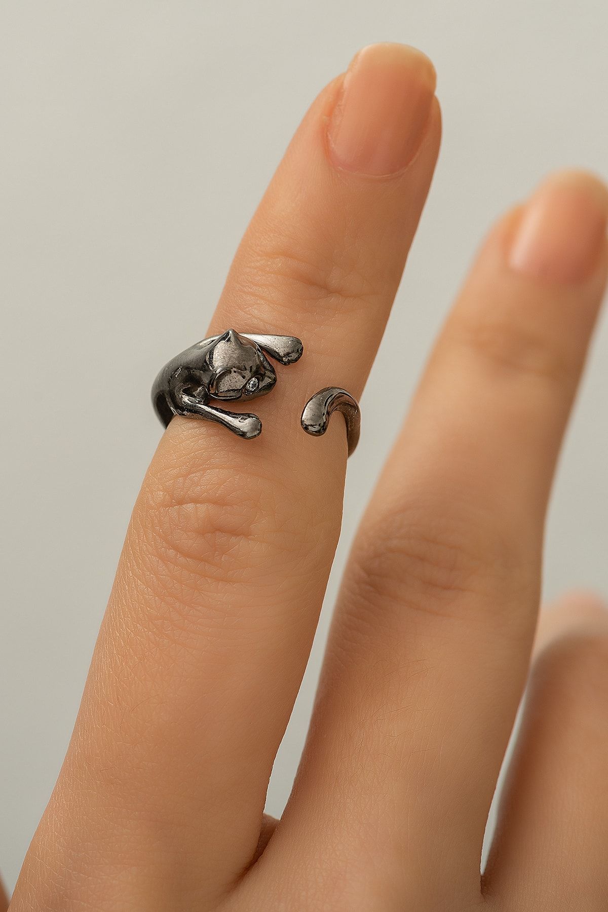 925 Ayar Siyah Rodyum Kaplama Gümüş Kedi Yüzük