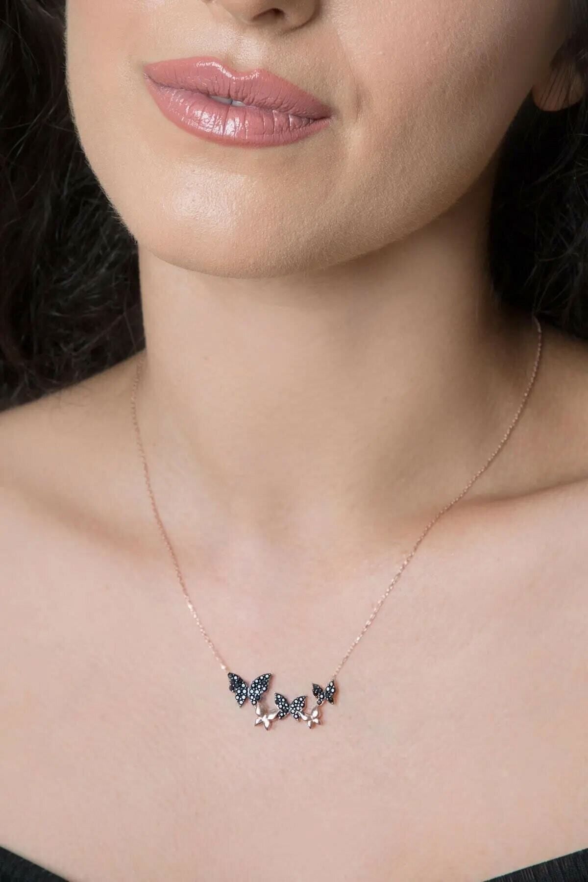 925 Ayar Siyah Taşlı Gümüş Sıralı Kelebek Kolye Rose Altın Kaplama