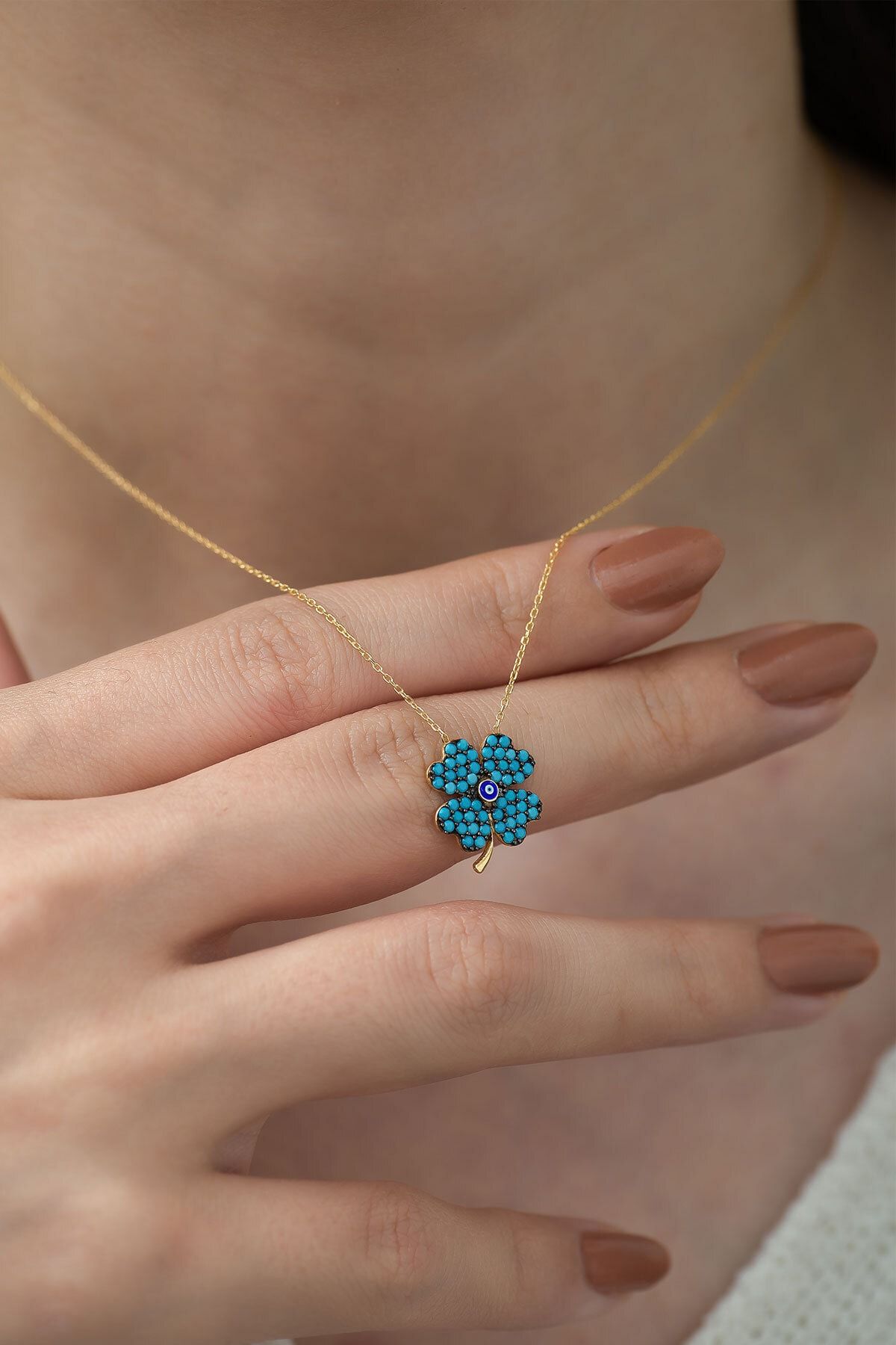 925 Ayar Turkuaz Taşlı Gümüş Yonca Kolye