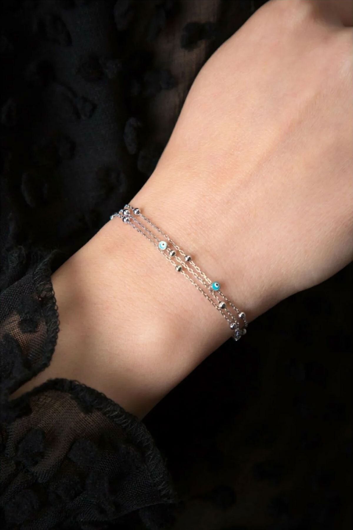 925 Ayar Üç Zincirli Nazar Göz Gümüş Bileklik