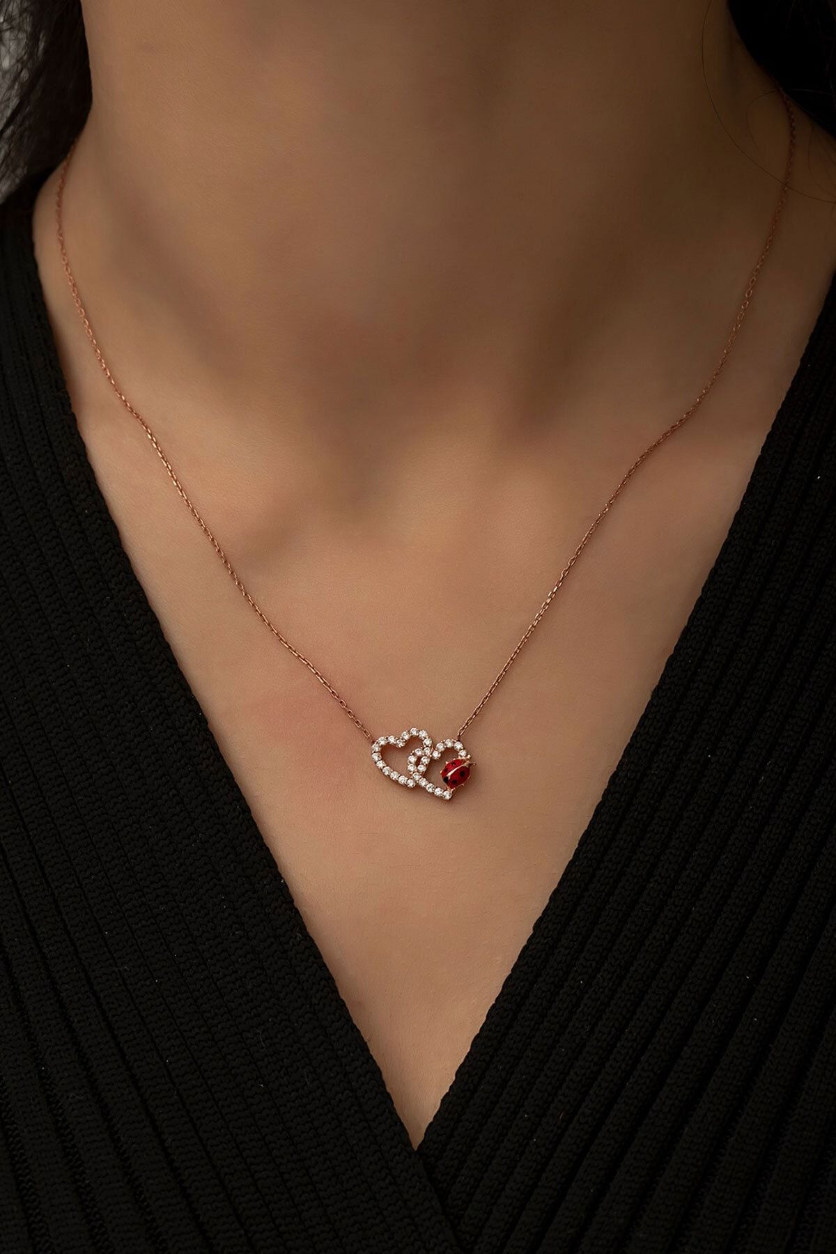 925 Ayar Uğur Böcekli Gümüş Kalp Kolye