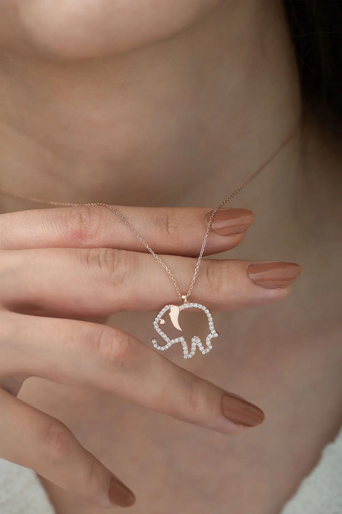 925 Ayar Zirkon Taşlı Gümüş Fil Kolye.rose.gold.rodaj
