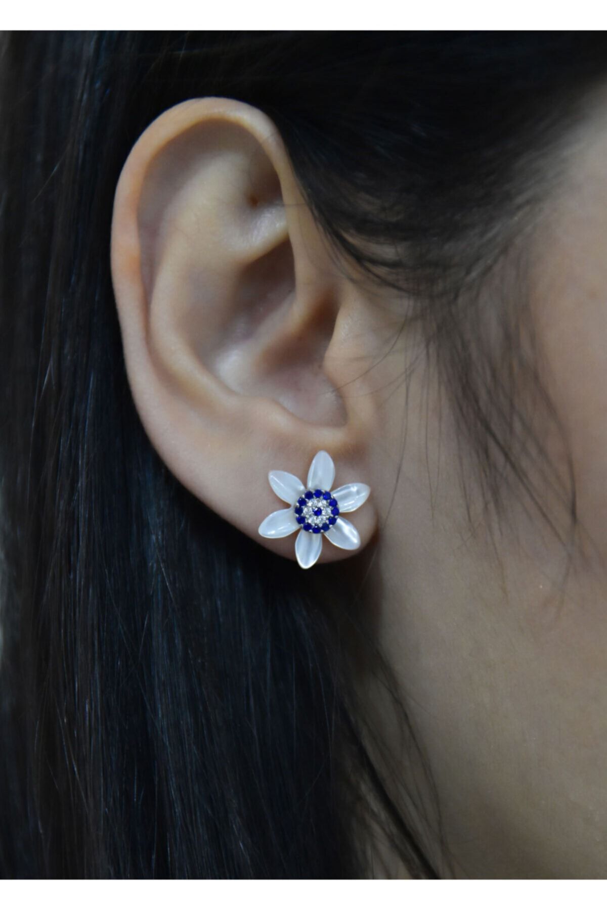 925 Gümüş Rodyum Kaplama Nazar Sedef Küpe