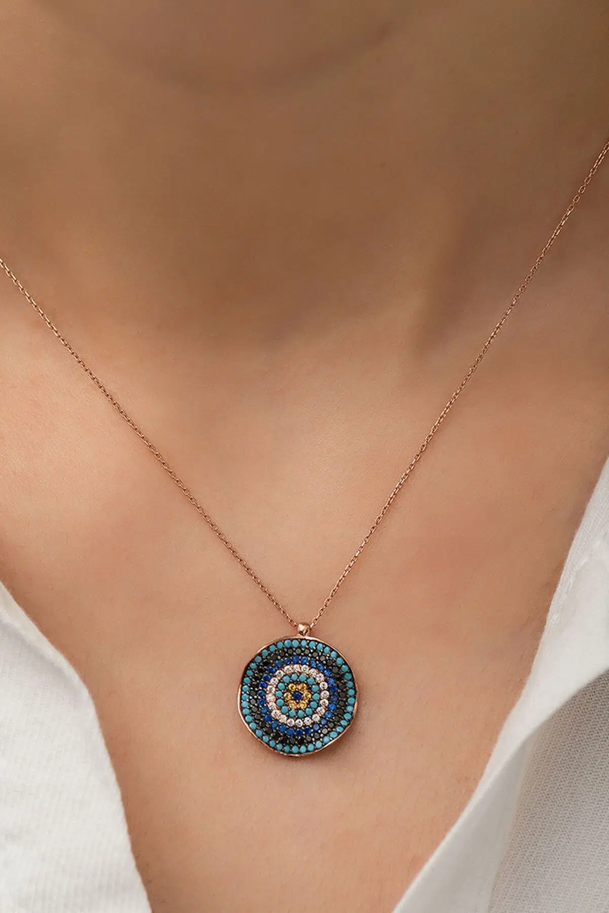 925 Ayar Dalgalı Gümüş Nazar Kolye.rose.gold.rodaj