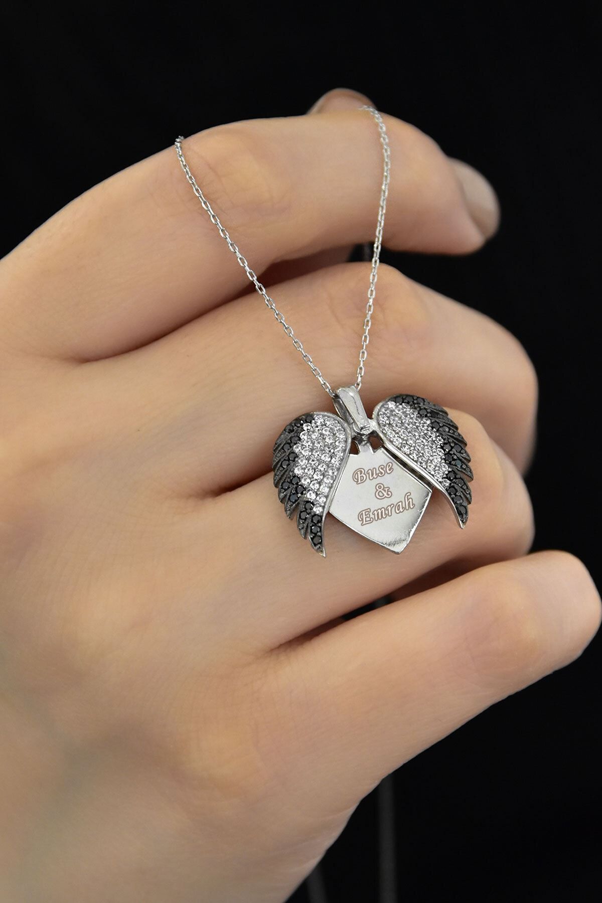 a925 Ayar Rodyum Kaplma Aşkın Kanatları Gümüş Kalp Kolye