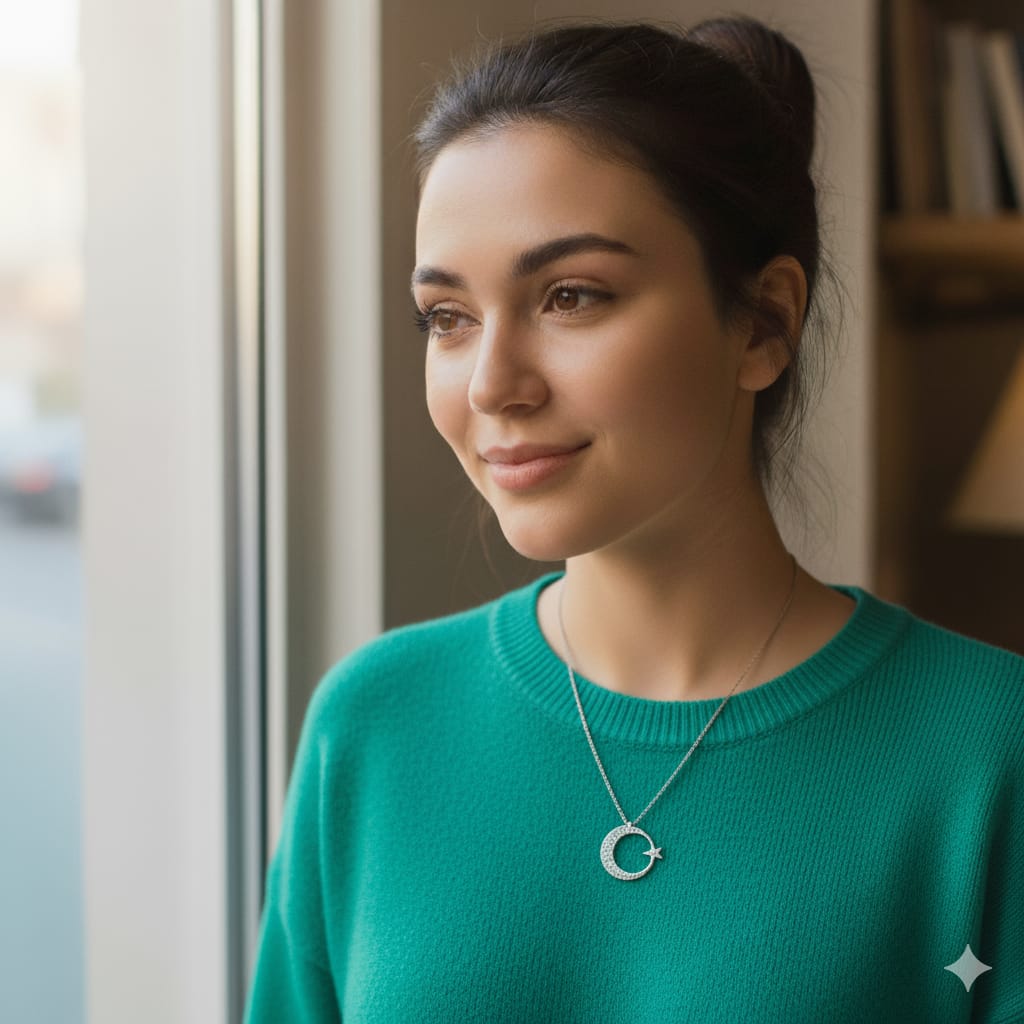 Ay Yıldız Figürlü Rodyum Kapalama Nano Zirkon Kolye