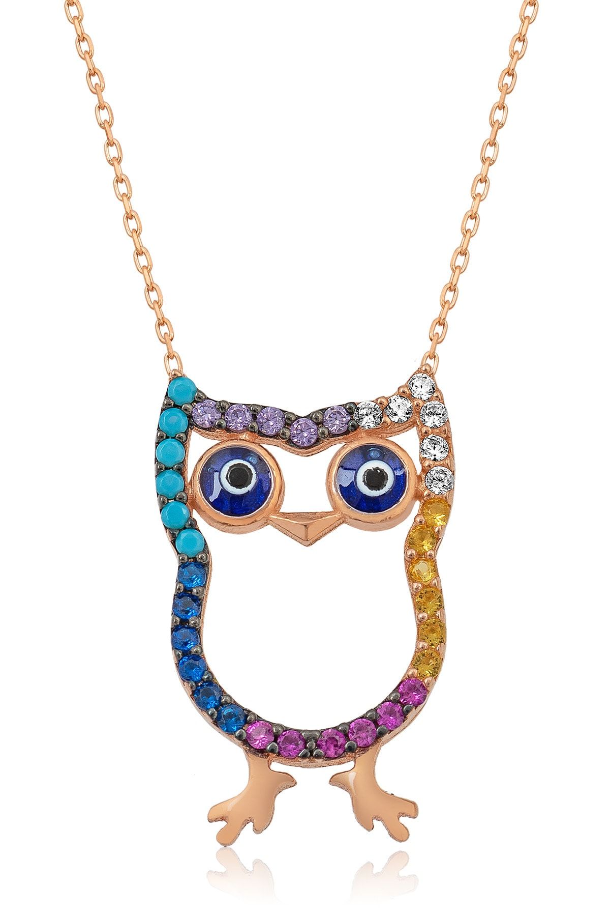 Baykuş Kolye, Gümüş, Renkli Nano Taşlı, Rose Altın Kaplama