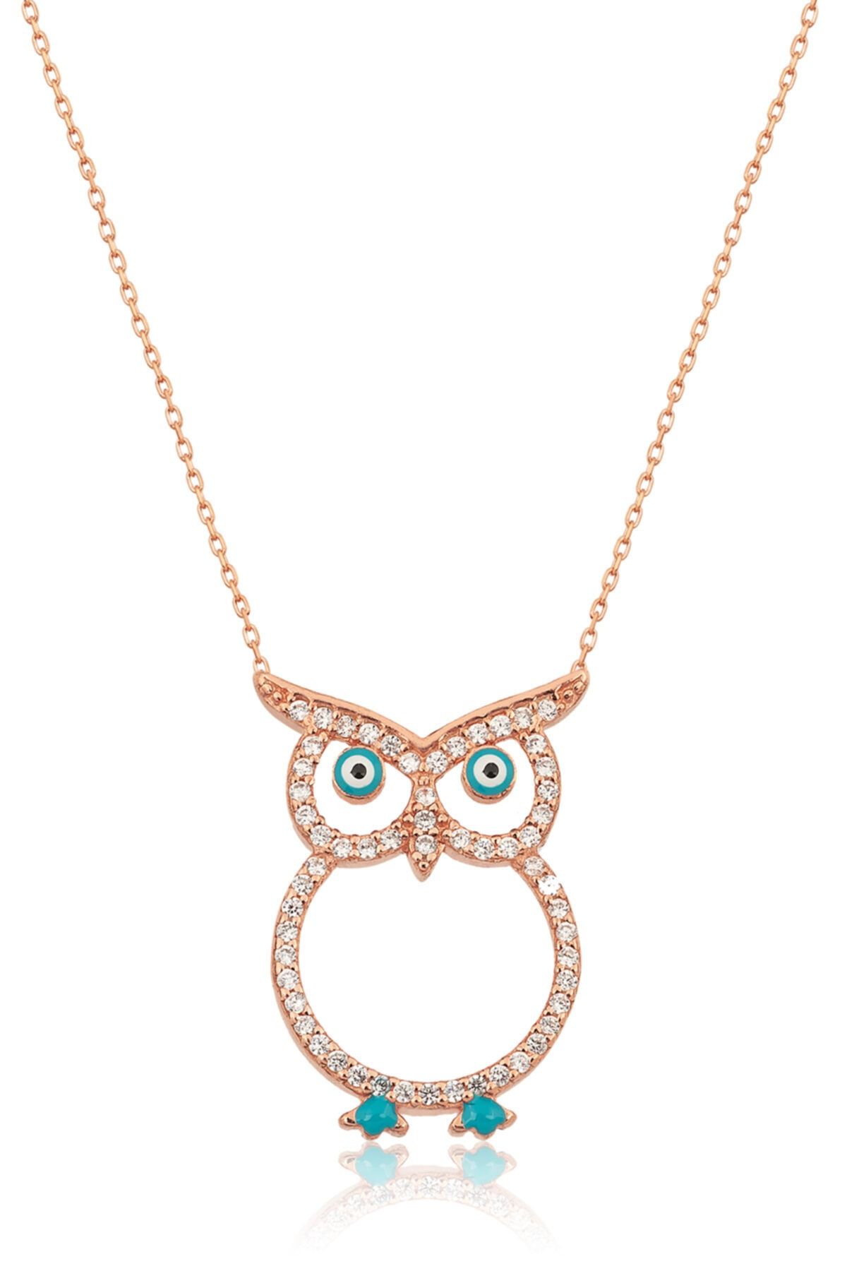 Baykuş Kolye - Nazar Göz Mineli Rose Gold Kaplama 925 Ayar Gümüş - Uvps100186