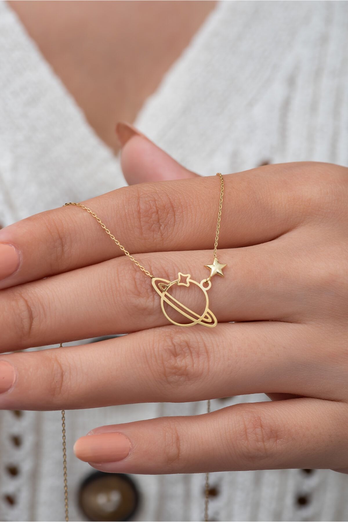 Büyük Boy Gezegen Kolye 14 Ayar Altın Kaplama 925 Ayar Gümüş Uvps100869