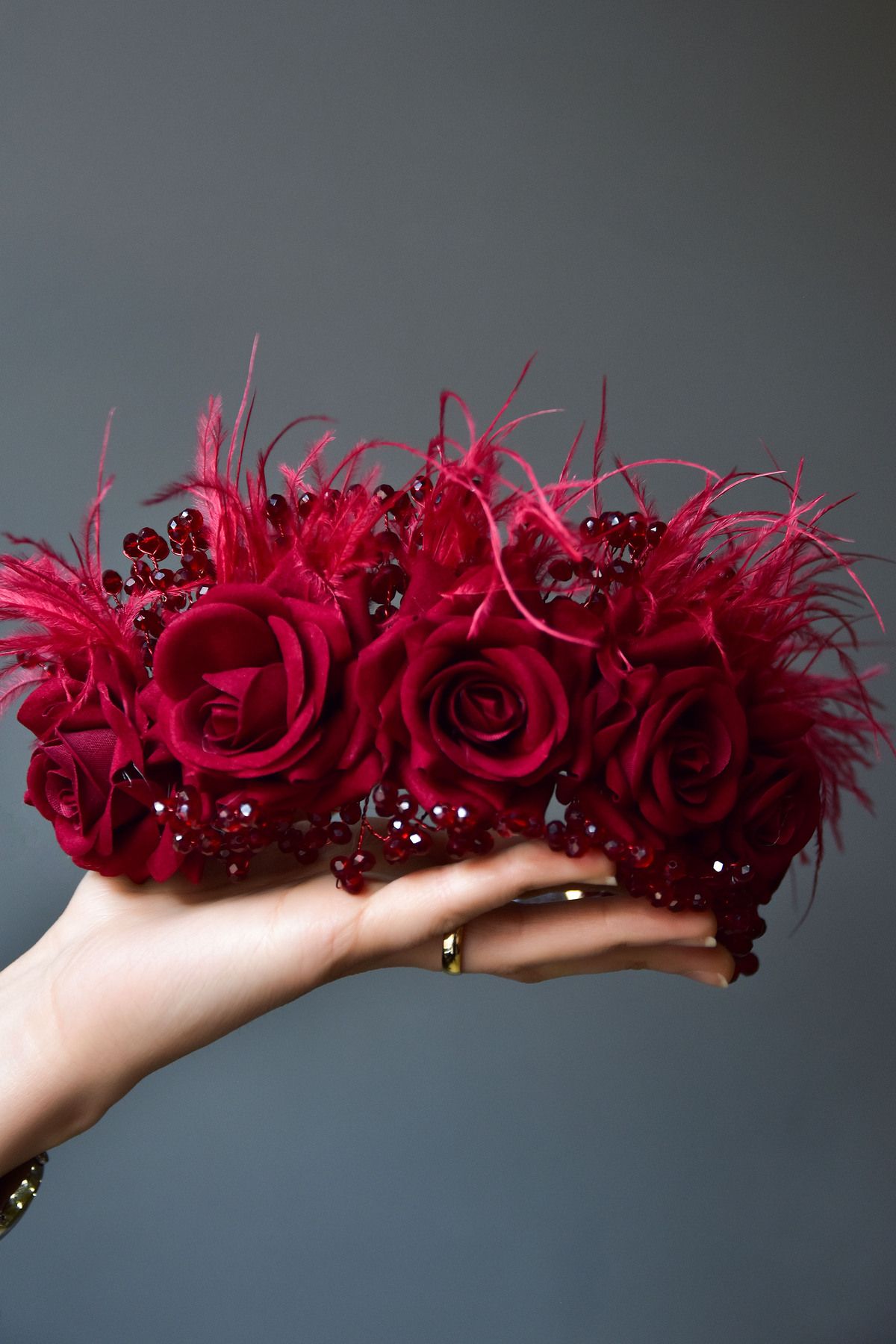 Cam Boncuklu Bordo Güllü Tüylü Prenses Gelin Kına Tacı