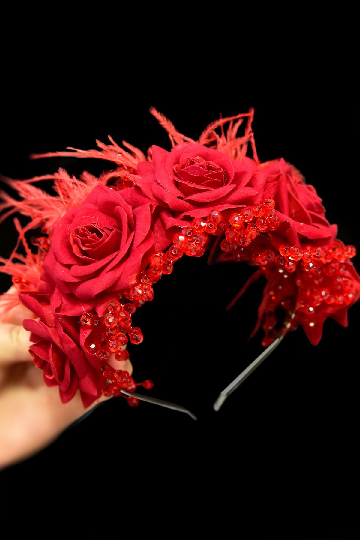 Cam Boncuklu Güllü Tüylü Prenses Gelin Kına Tacı