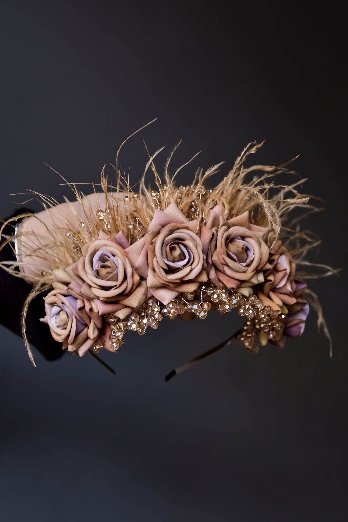 Cam Boncuklu Somon Güllü Tüylü Prenses Gelin Kına Tacı