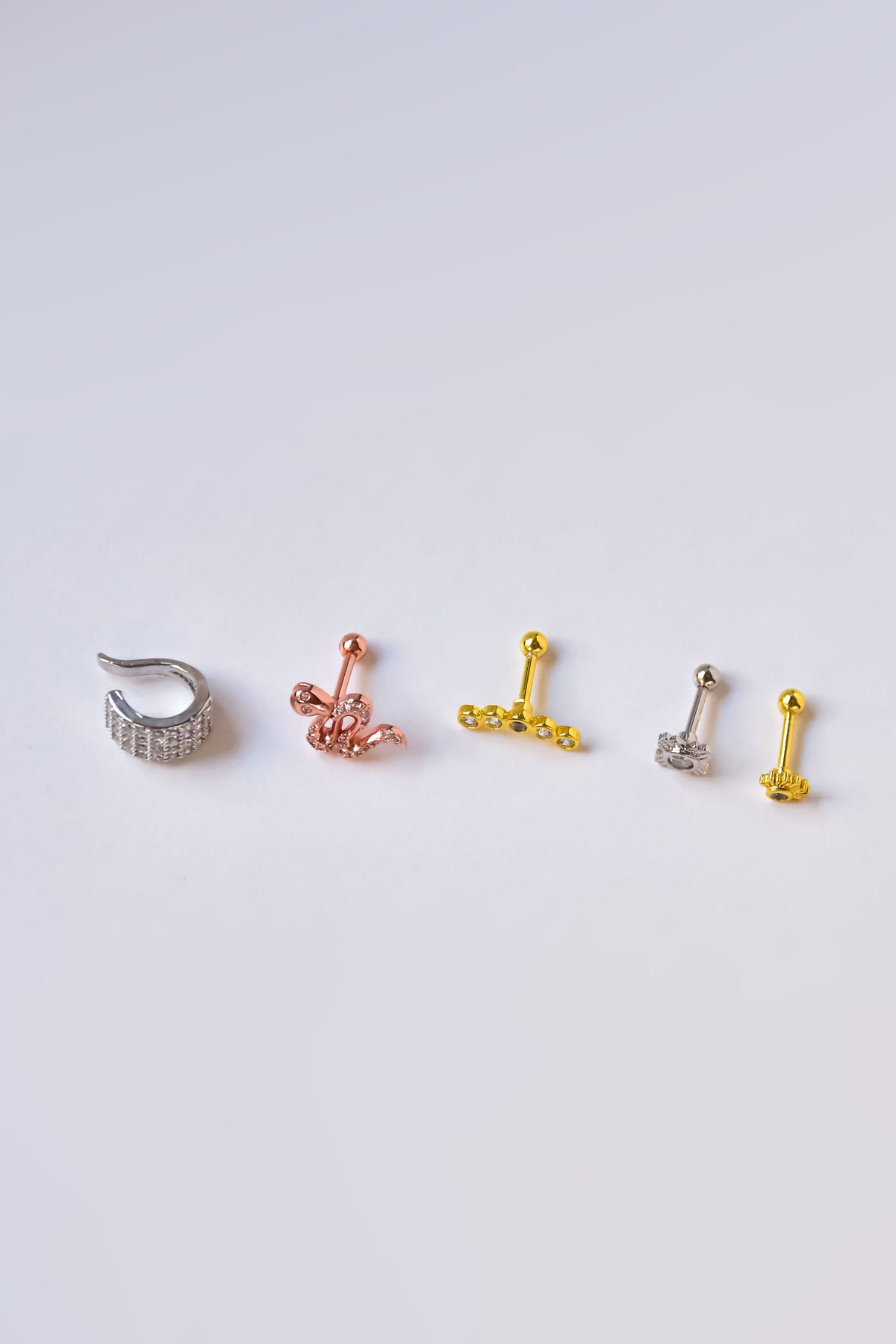 Çelik Gold-Rodyum Kaplama Çelik Tragus 5'li Küpe Kombin1