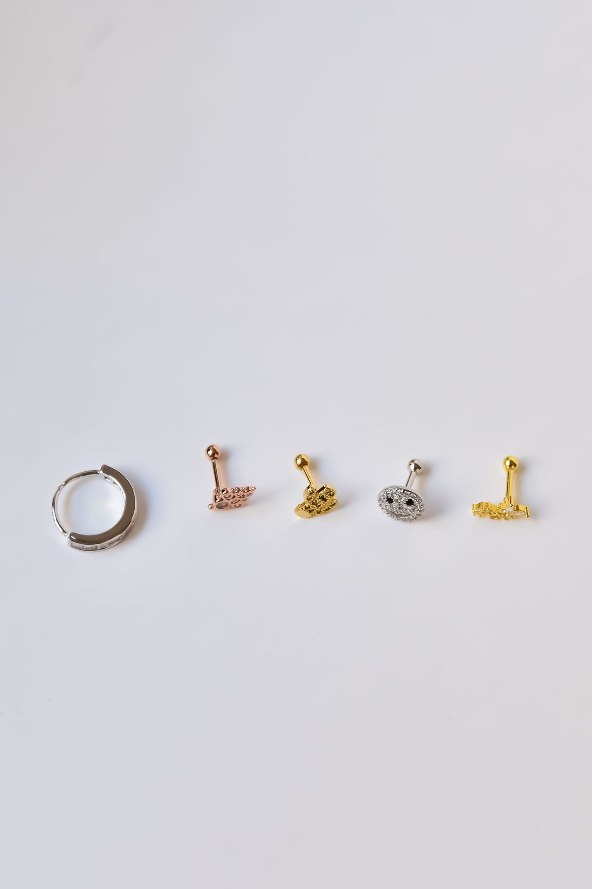 Çelik Gold-Rodyum Kaplama Çelik Tragus 5'li Küpe Kombin2