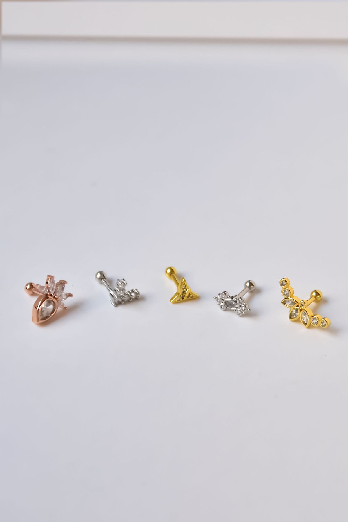 Çelik Gold-Rodyum Kaplama Çelik Tragus 5'li Küpe Kombin5