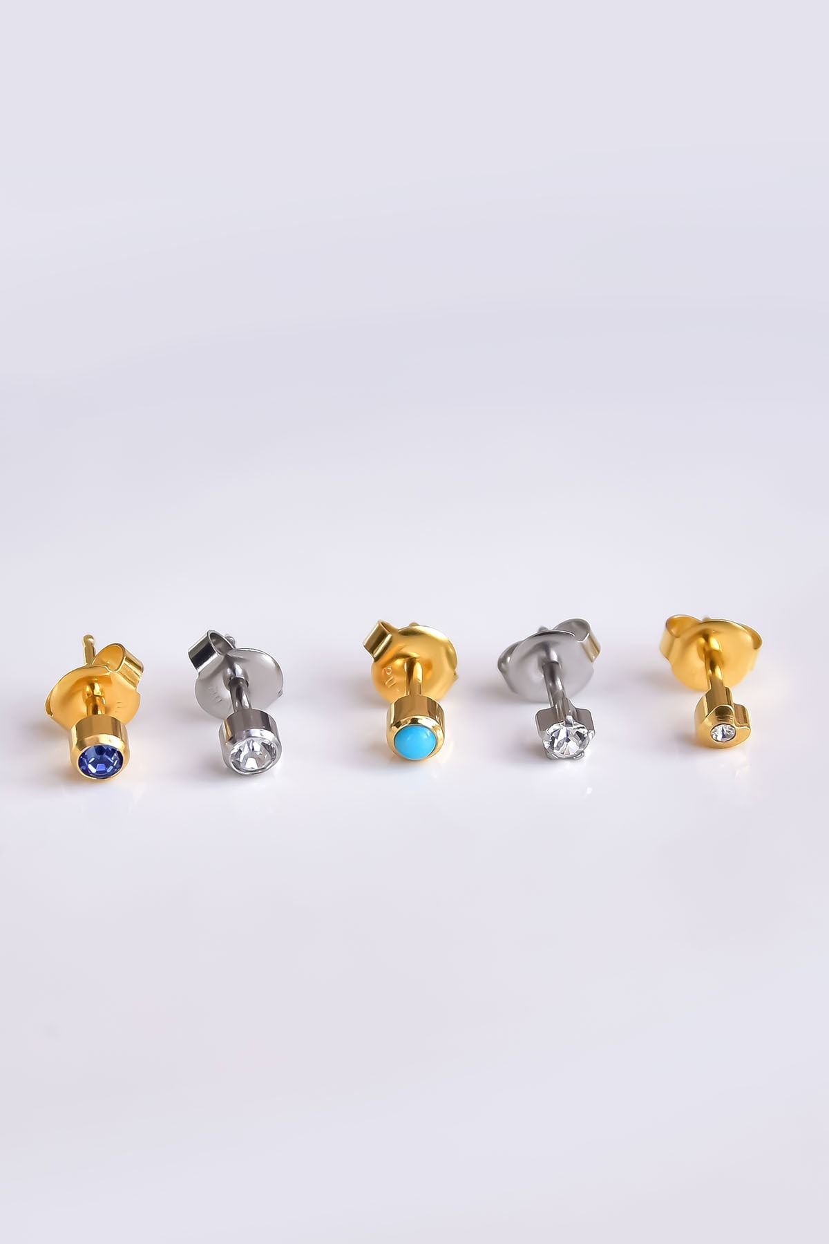 Çelik Rodyum-gold Kaplama Cerrahi Tektaş Çivili 5'li Kombin Küpe Model5