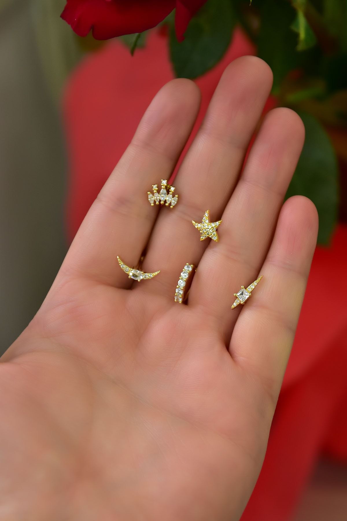 Çelik Sarı 5'li Kombinli Tragus Küpe Model18