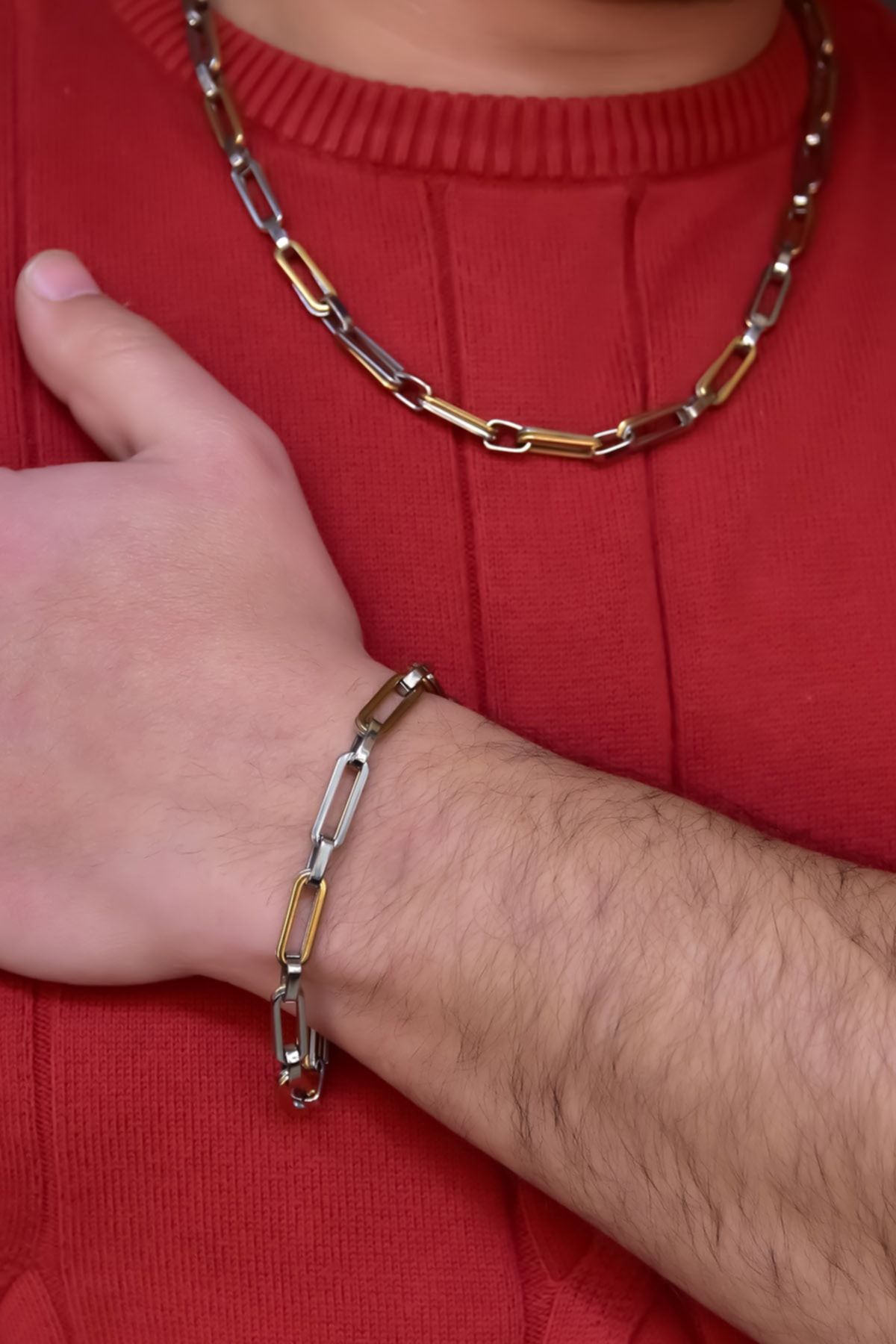 Çelik Sarı-beyaz Çiftli Ataç Kolye Ve Bileklik Set