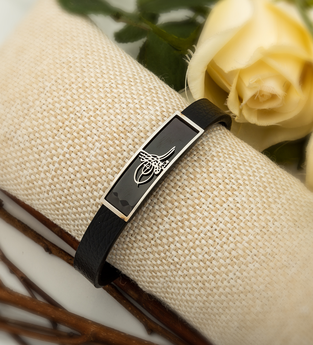 Çelik Tuğralı Deri Erkek Bileklik