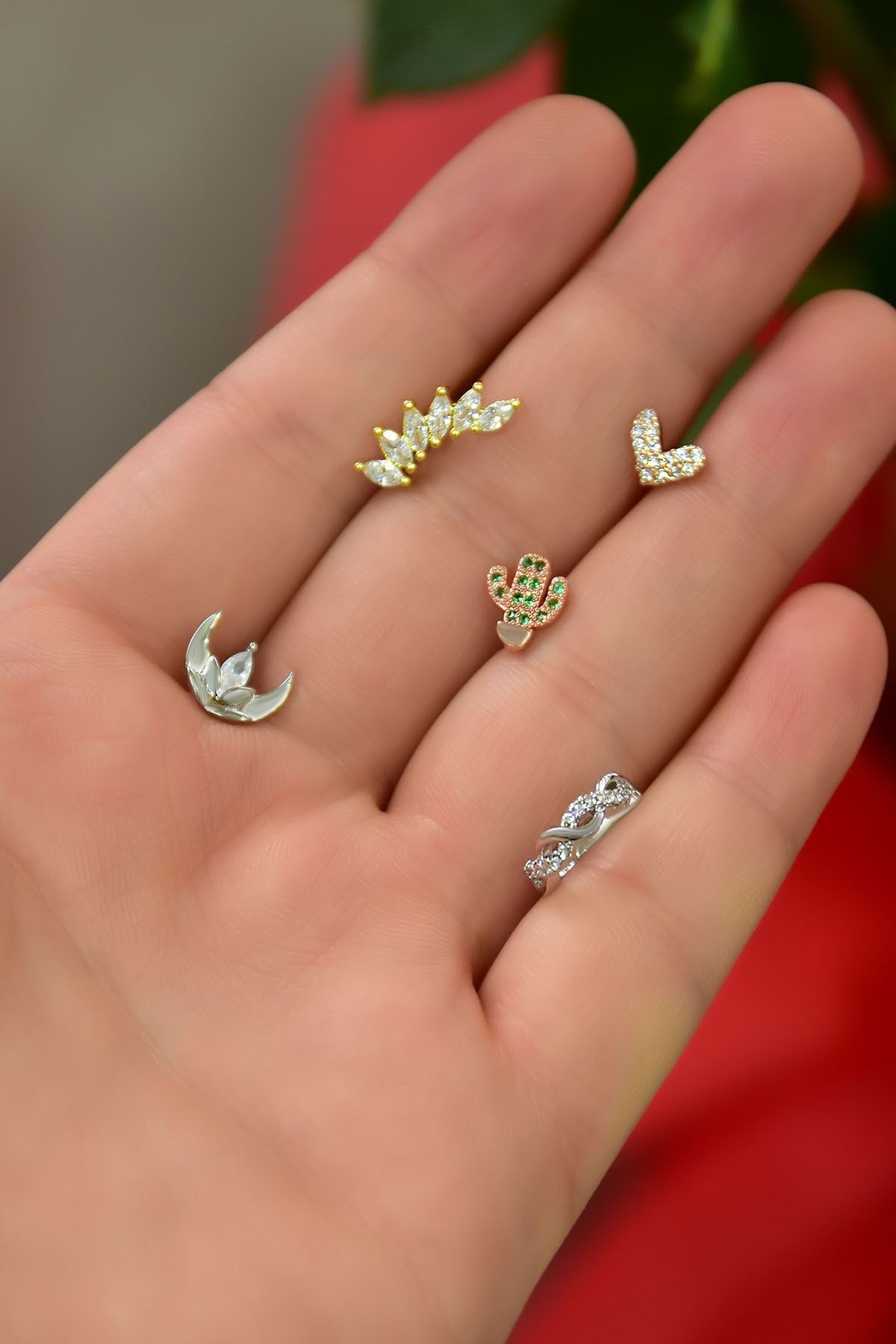 Çelik Üç Renk 5'li Kombinli Tragus Küpe Model19