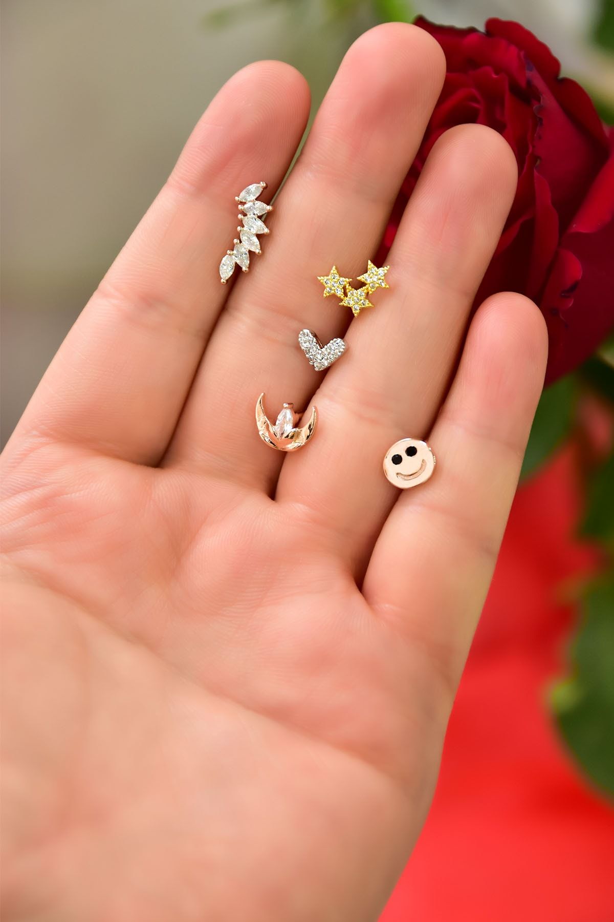 Çelik Üç Renkli 5'li Kombinli Tragus Küpe Model2