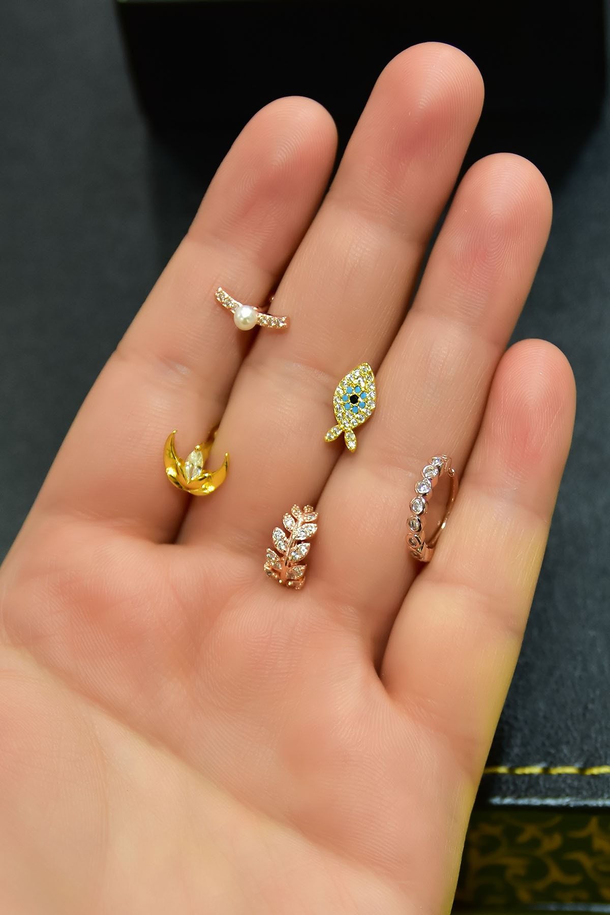 Çelik Üç Renkli 5'li Kombinli Tragus Küpe Model3