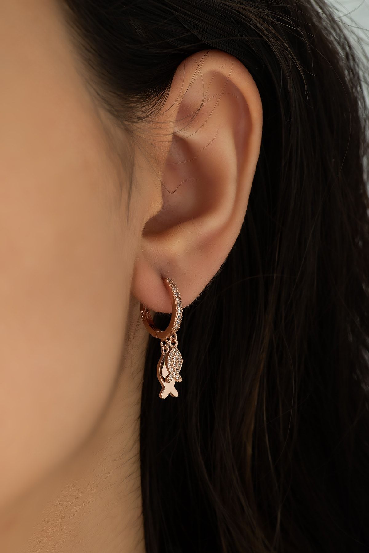 Çift Balık Sallantılı Küpe Rose Altın Kaplama Gümüş Uvps300130