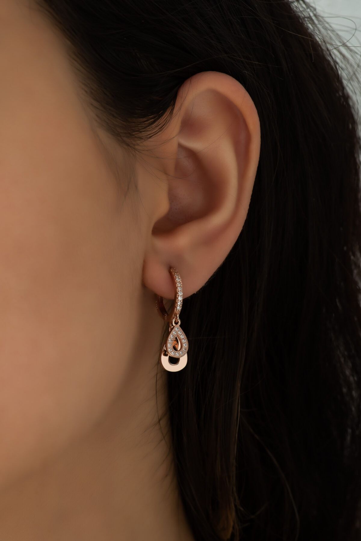 Çift Damla Sallantılı Küpe Rose Altın Kaplama Gümüş Uvps300132