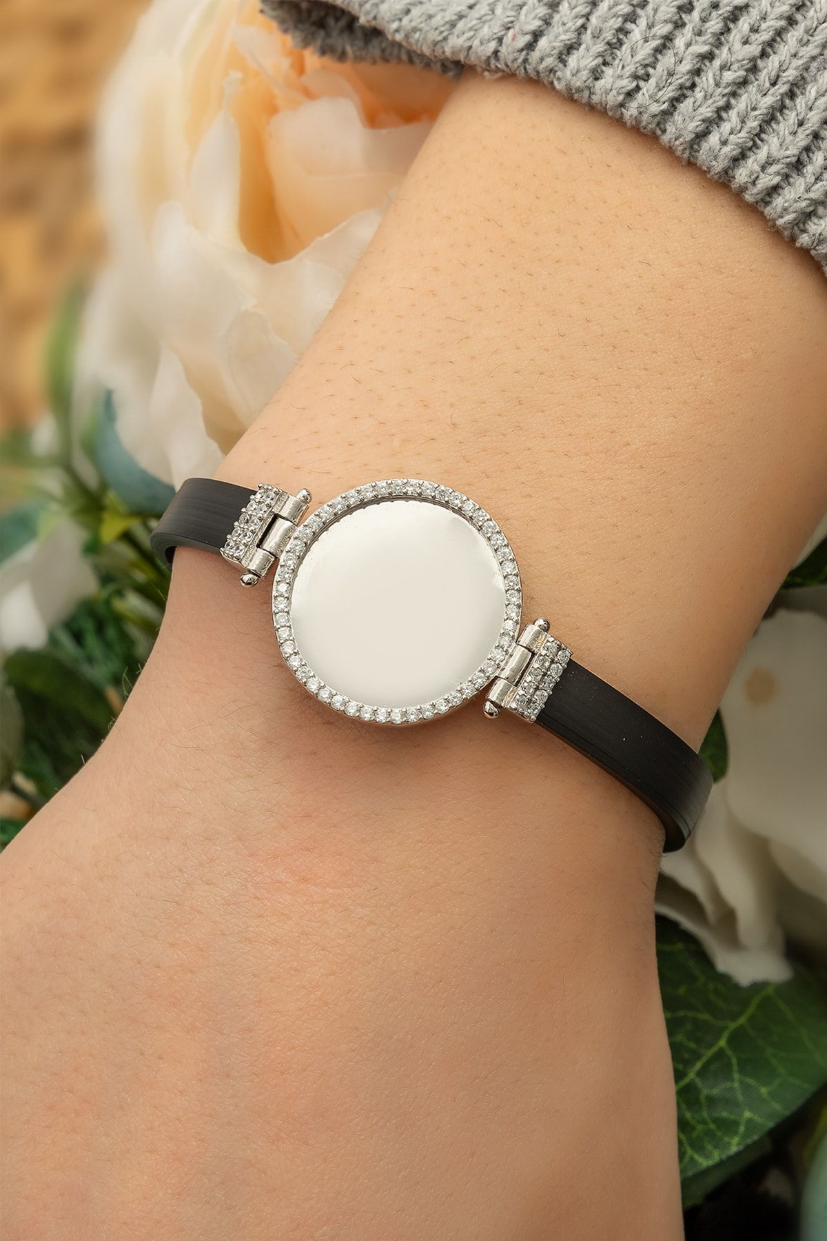 Deri Kordonlu Zirkon Halka Bileklik 925 Ayar Gümüş