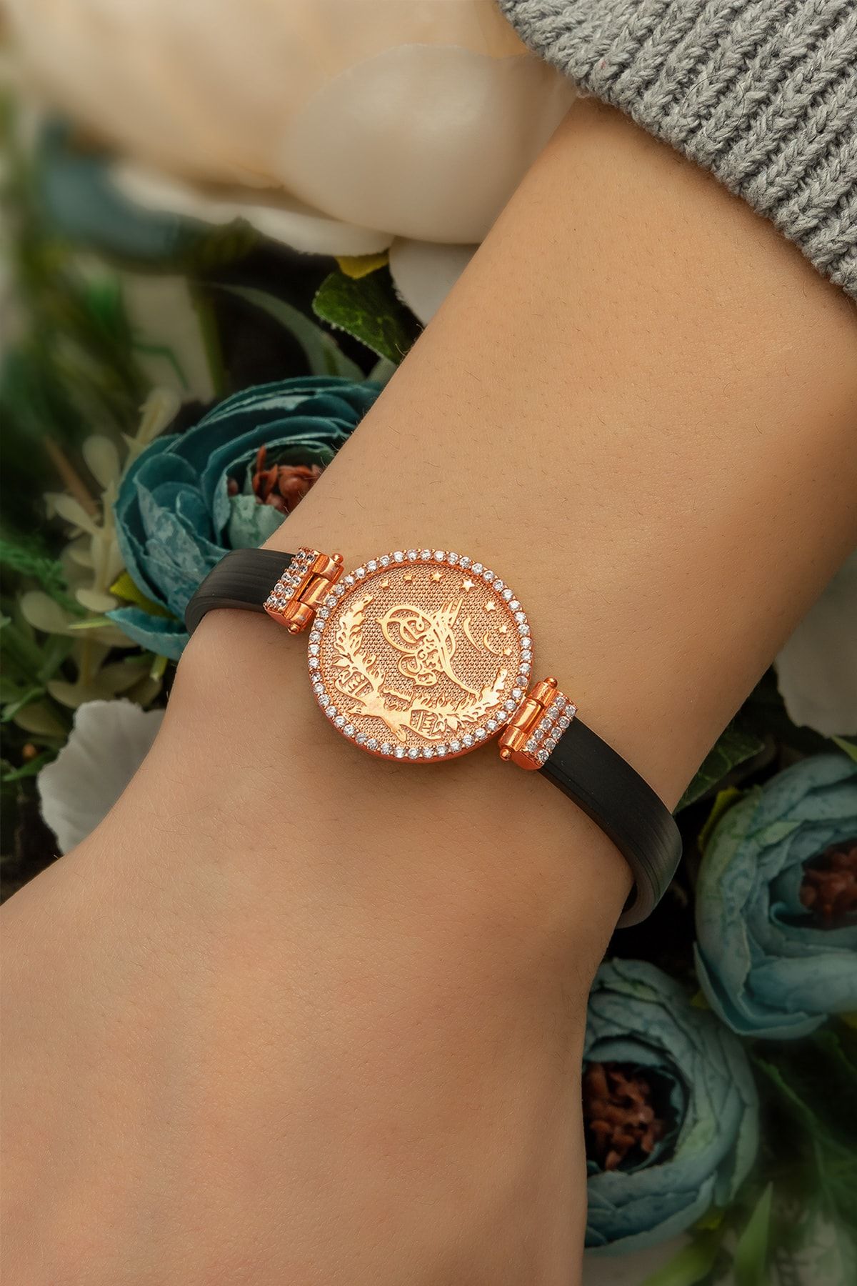 Deri Kordonlu Zirkon Halka Osmanlı Tuğralı Bileklik Rose Altın Kaplama 925 Ayar Gümüş - Uvps200018