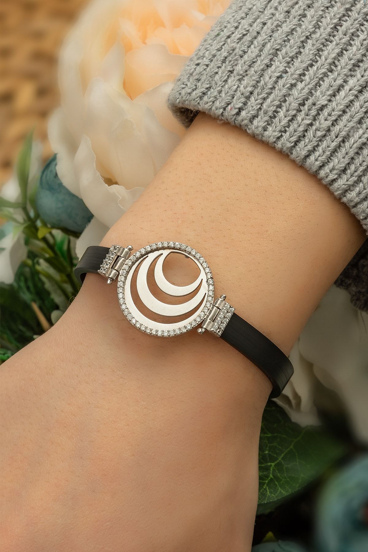 Deri Kordonlu Zirkon Halka Üçlü Kuşak Halka Bileklik 925 Ayar Gümüş