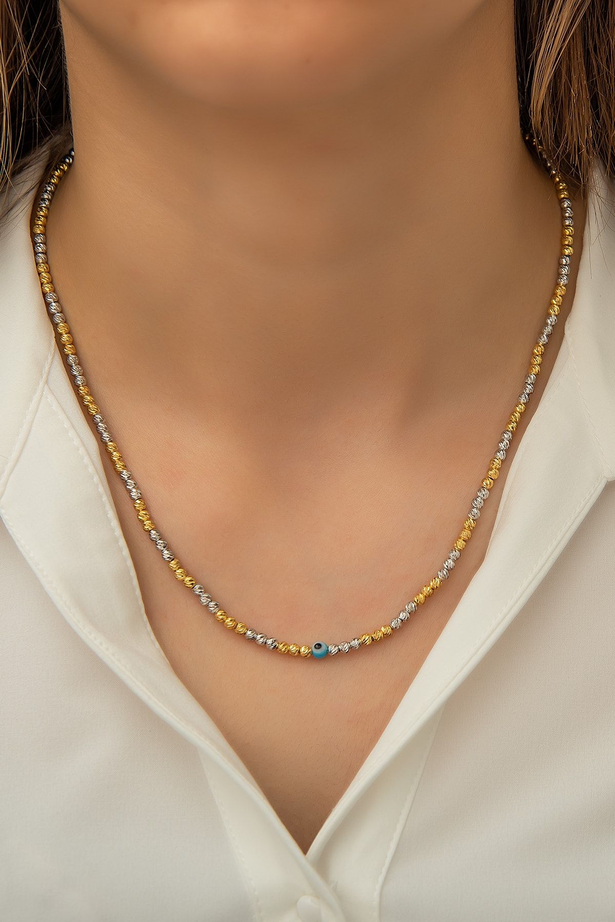 Dorica Toplu Nazar Gözlü Iki Renkli Fantezi 925 Ayar Gümüş Kolye - Uvps100435