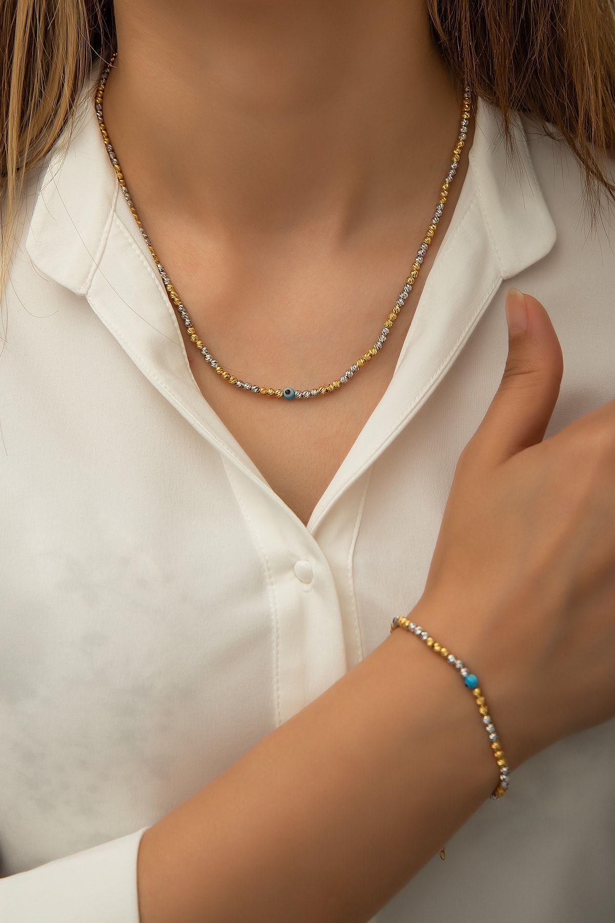 Dorica Toplu Nazar Gözlü Iki Renkli Fantezi Kolye Bileklik 925 Ayar Gümüş Takım - Uvps600011