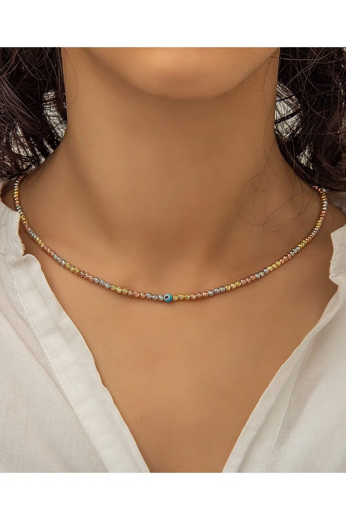 Dorica Toplu Nazar Gözlü Üç Renkli Fantezi 925 Ayar Gümüş Kolye - Uvps100436