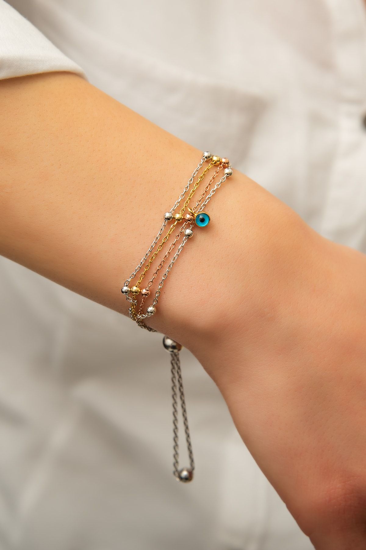 Dört Zincir Dorica Toplu Nazar Gözlü Renkli Kaplama 924 Ayar Gümüş Asansör Bileklik - UVPS200092