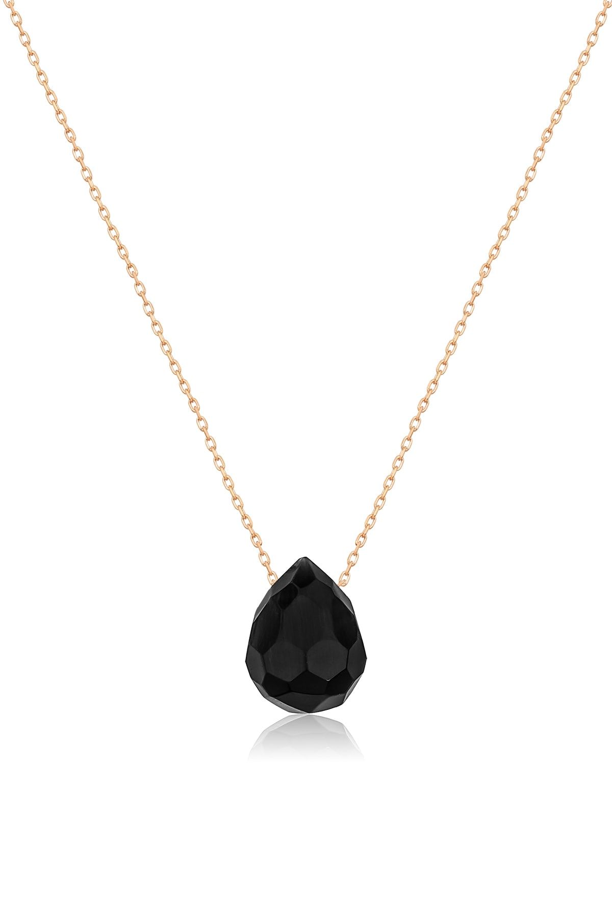 Fasetli Kesim Üç Boyutlu Siyah Damla Kolye - Rose Altın Kaplama 925 Ayar Gümüş Zincir - UVPS100271