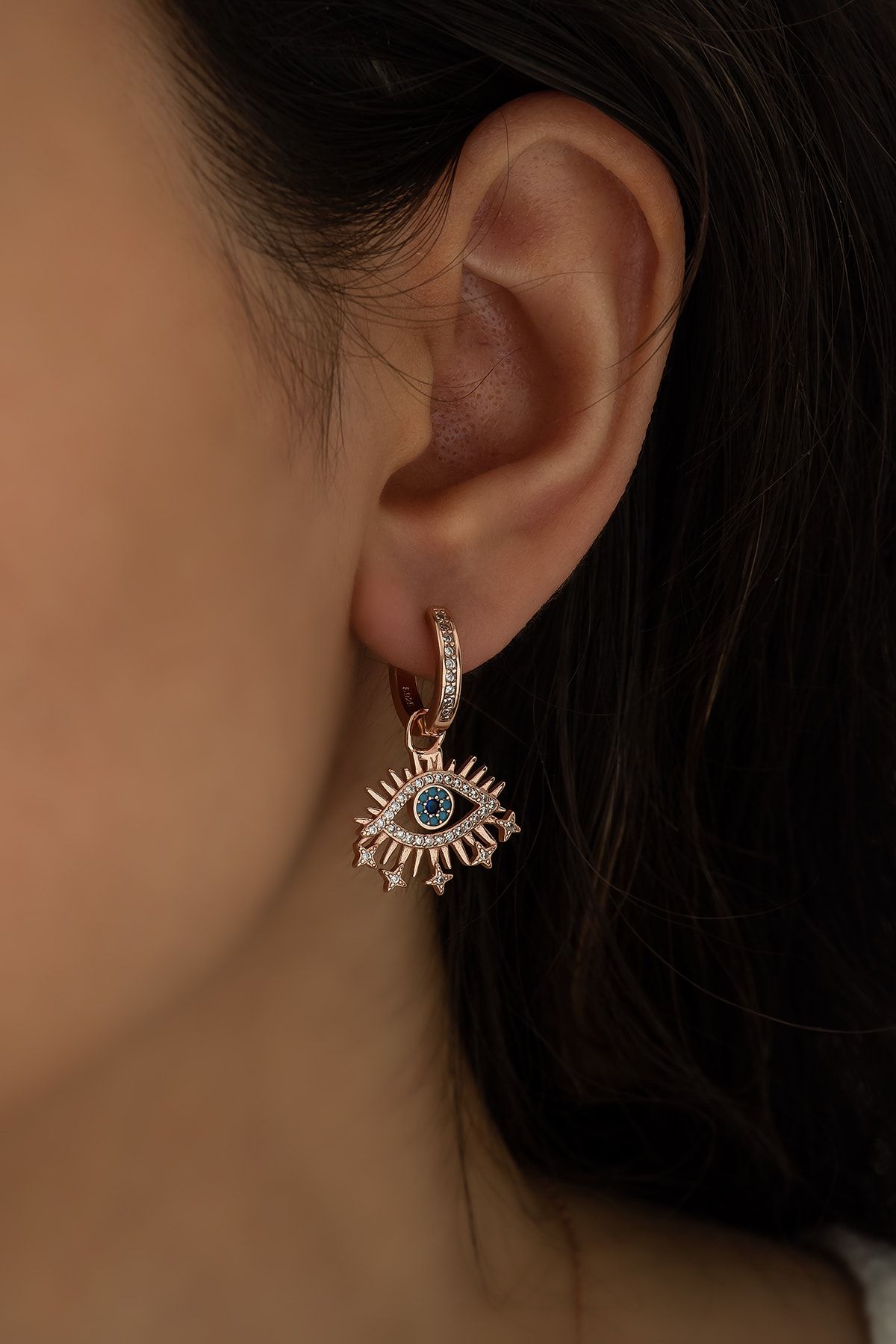 Göz Stilize Sallantılı Küpe Nano Zirkon Taşlı Rose Kaplama Gümüş Uvps300125